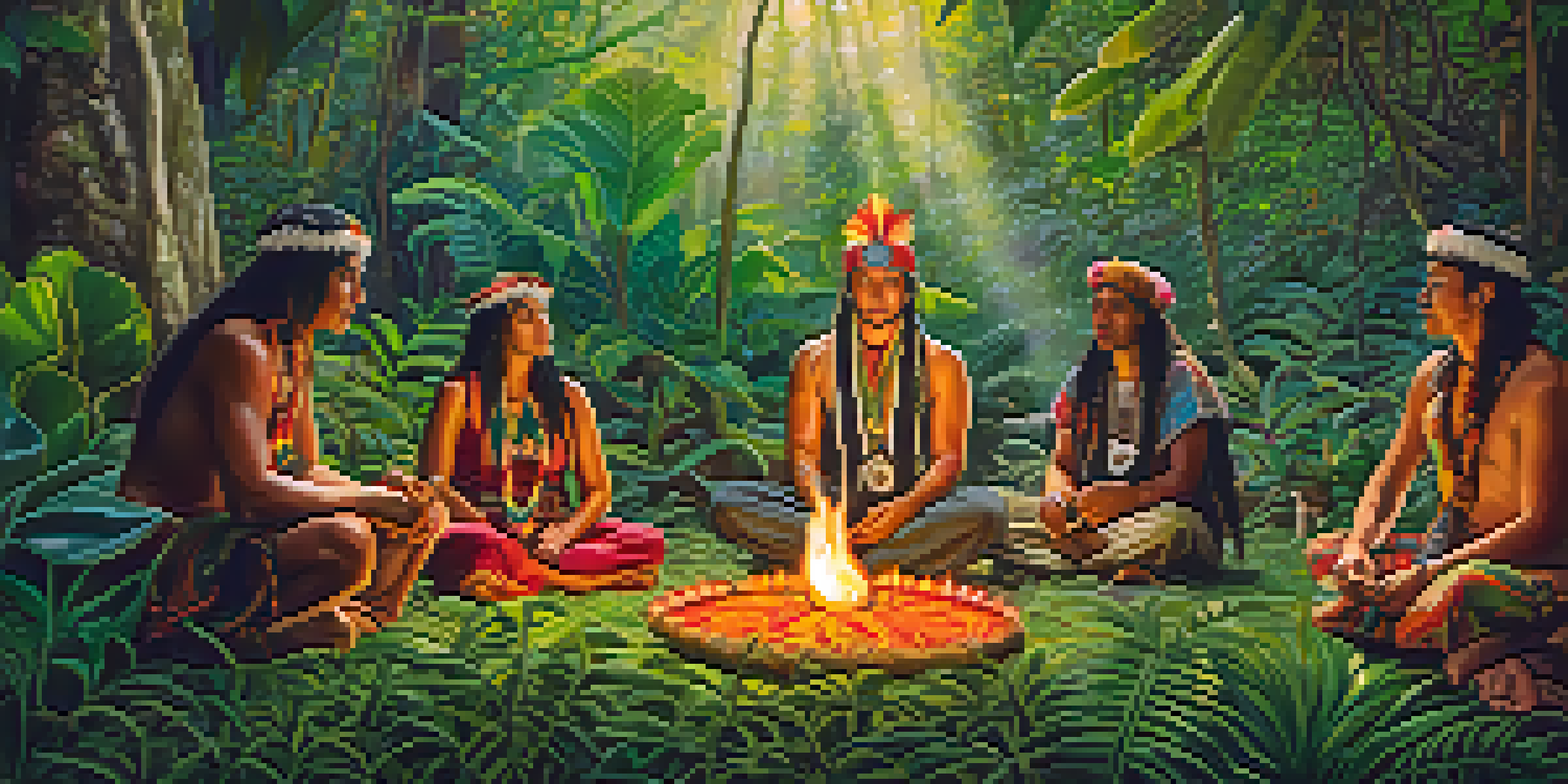 A peaceful jungle setting with a shaman leading an Ayahuasca ceremony, surrounded by participants and rich greenery.