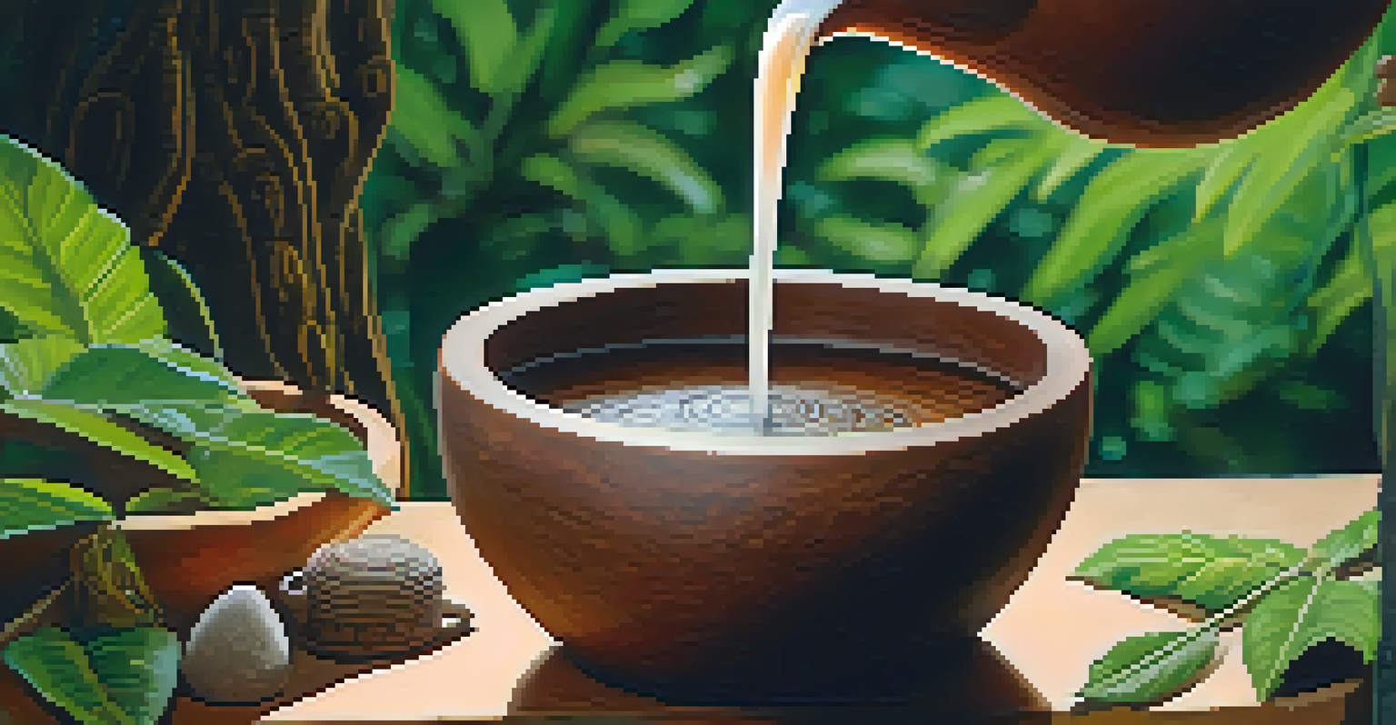 Close-up of ayahuasca brew being poured into a cup from a clay pot.