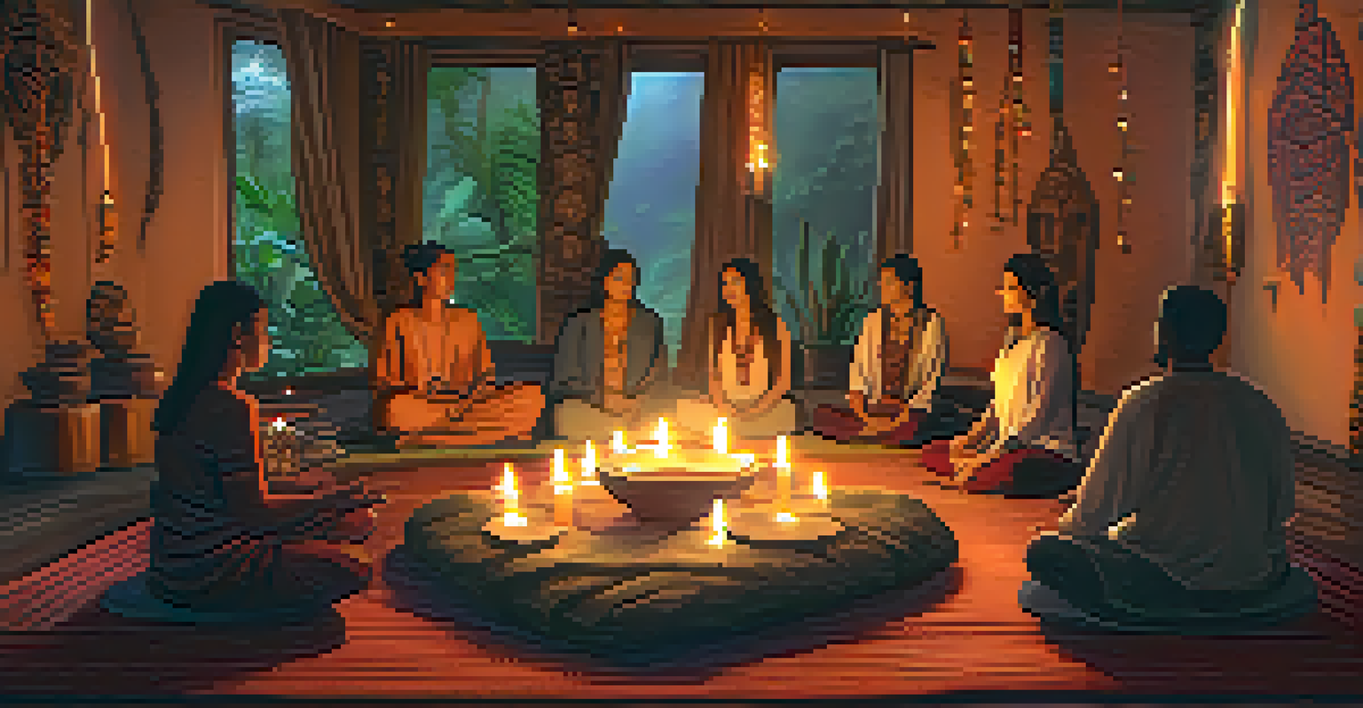 An indoor Ayahuasca ceremony in a cozy room with participants seated comfortably among cushions and candles.