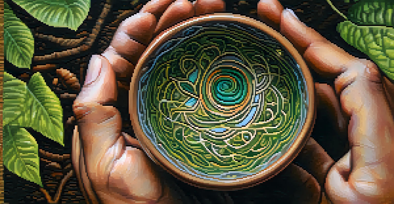 A close-up of hands holding a ceramic cup of Ayahuasca, with blurred nature elements in the background.