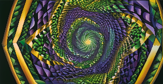 A scene showcasing vivid geometric patterns in bright colors like green, purple, and gold, illuminated softly against a dark backdrop.