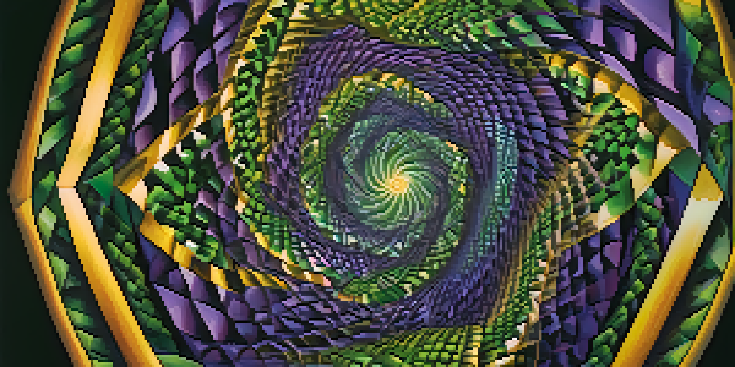 A scene showcasing vivid geometric patterns in bright colors like green, purple, and gold, illuminated softly against a dark backdrop.