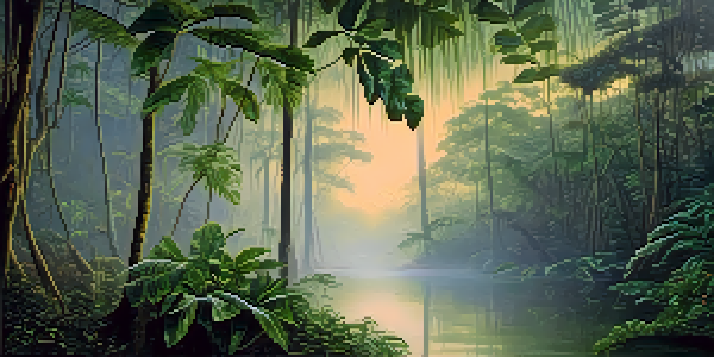 A tranquil Amazon rainforest at dawn, featuring lush greenery and mist, with two Ayahuasca plants in the foreground.