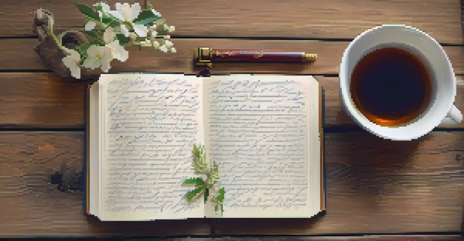 A journal with handwritten intentions, a cup of herbal tea, and a crystal on a wooden table.