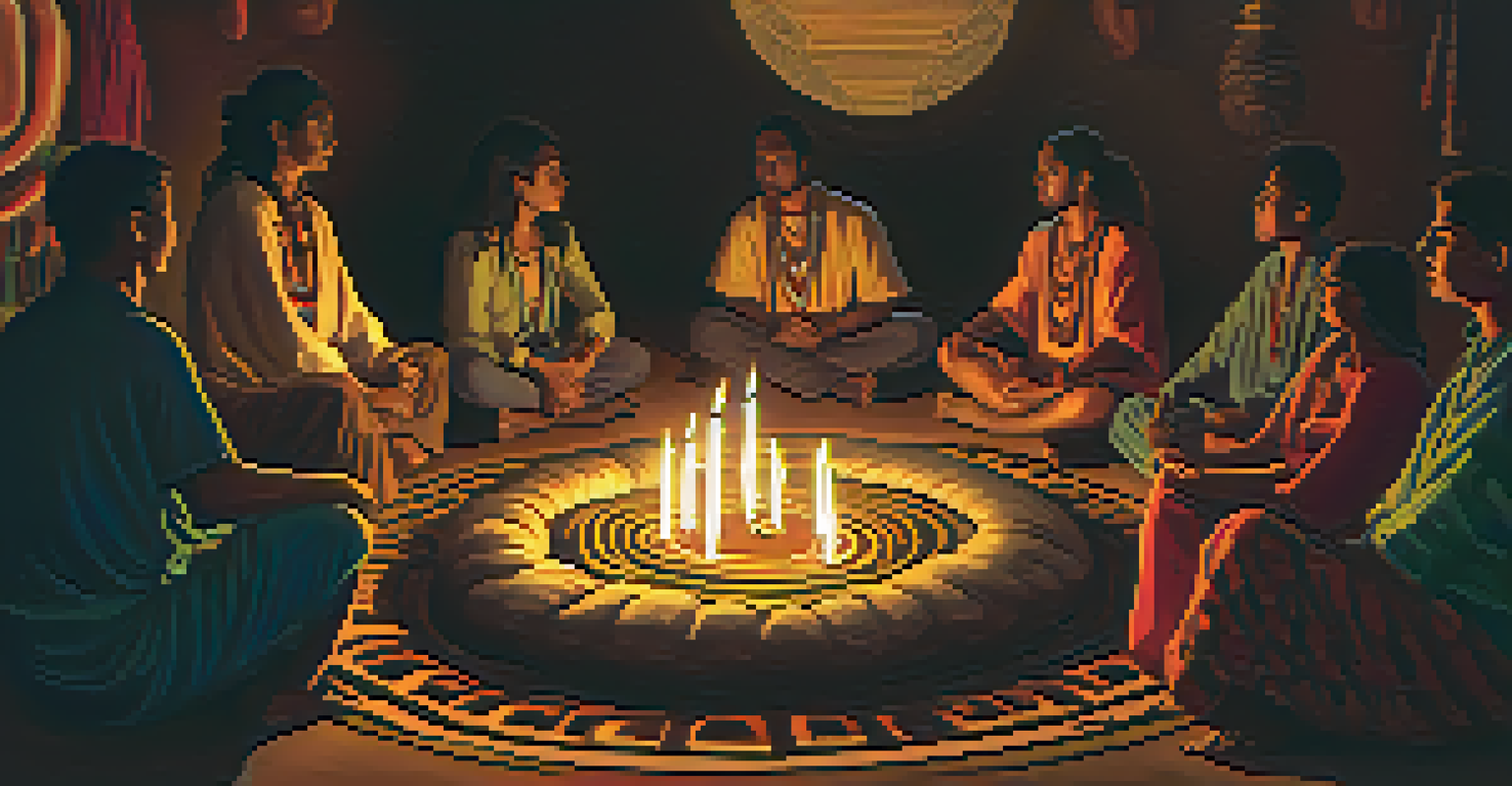A cozy room with participants in a circle during an Ayahuasca ceremony, illuminated by candlelight, with a shaman leading the session.