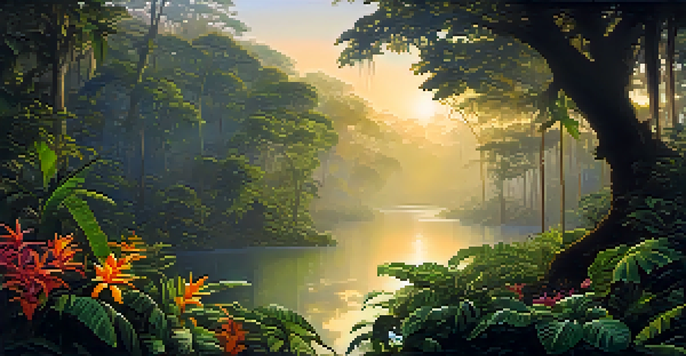 A tranquil Amazon rainforest scene at dawn, featuring a winding river and vibrant tropical flowers under soft golden light.