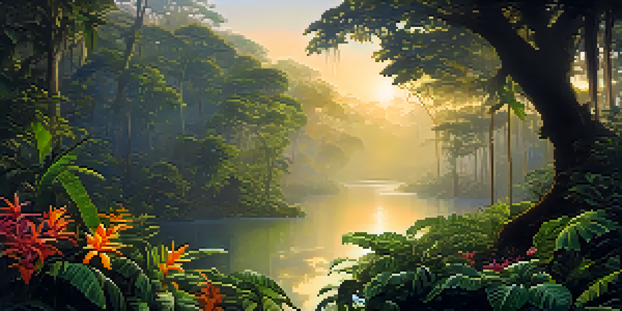 A tranquil Amazon rainforest scene at dawn, featuring a winding river and vibrant tropical flowers under soft golden light.