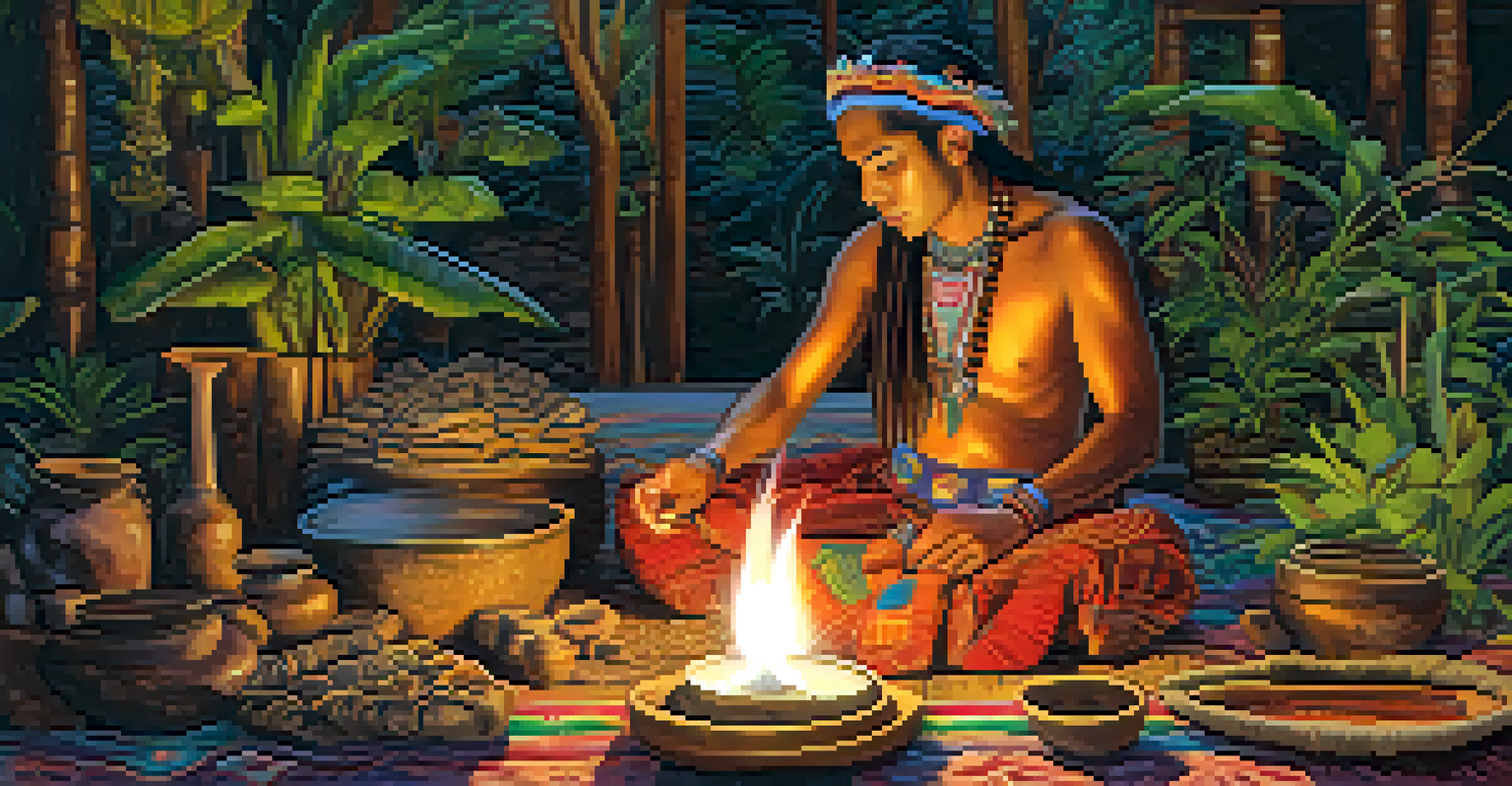 An Indigenous healer in traditional attire preparing Ayahuasca with plants and ceremonial artifacts on a wooden table, illuminated by warm candlelight.