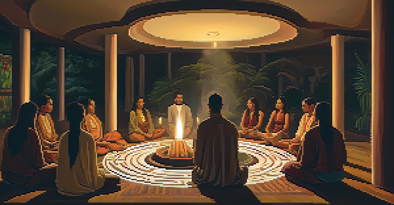 Participants in a dimly lit ayahuasca ceremony, sitting in a circle with closed eyes.