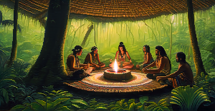 A tranquil ayahuasca ceremony in the Amazon rainforest, with participants in a circle and a shaman preparing the brew, surrounded by tropical plants and candlelight.