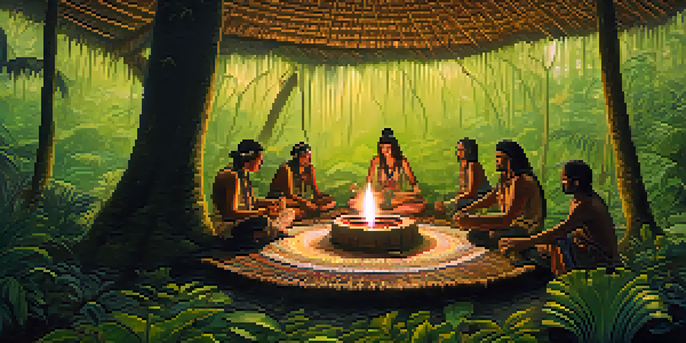 A tranquil ayahuasca ceremony in the Amazon rainforest, with participants in a circle and a shaman preparing the brew, surrounded by tropical plants and candlelight.
