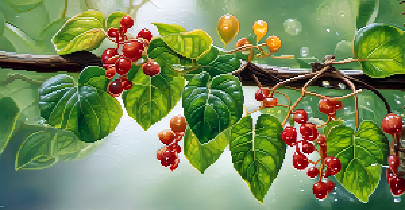 A close-up view of the Banisteriopsis caapi vine and Psychotria viridis leaves with water droplets, showcasing their textures and colors.