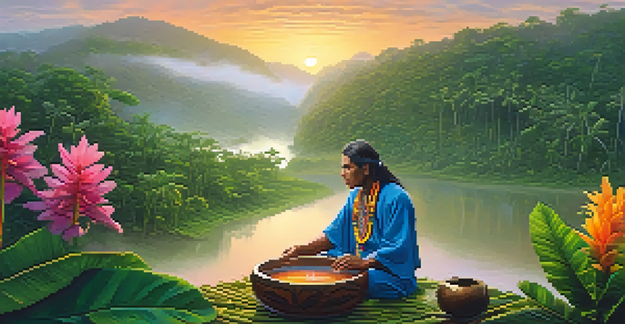A peaceful Amazonian jungle scene with a shaman preparing Ayahuasca at sunrise, surrounded by lush vegetation and colorful flowers.