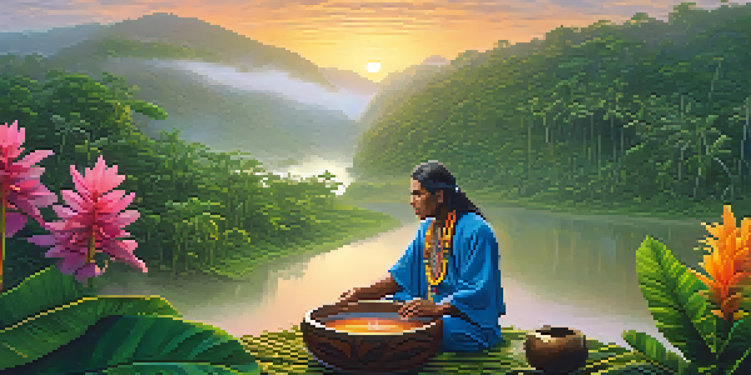 A peaceful Amazonian jungle scene with a shaman preparing Ayahuasca at sunrise, surrounded by lush vegetation and colorful flowers.