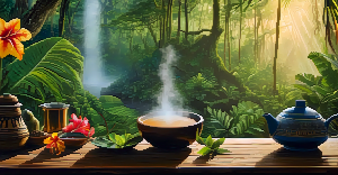 A tranquil Amazon rainforest at dawn, with mist and sunlight, featuring an Ayahuasca brew on a wooden table surrounded by tropical flowers.