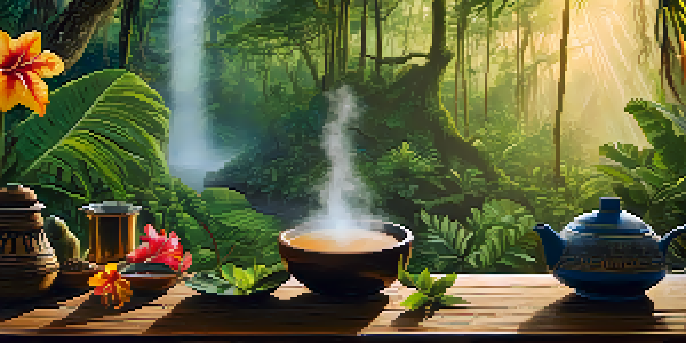 A tranquil Amazon rainforest at dawn, with mist and sunlight, featuring an Ayahuasca brew on a wooden table surrounded by tropical flowers.