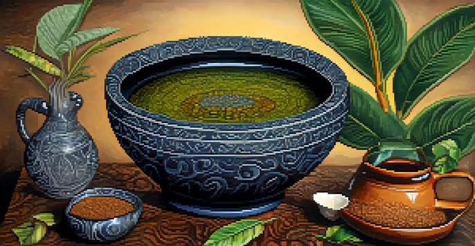 A close-up of a dark Ayahuasca brew in a handmade ceramic bowl, surrounded by leaves and flowers, showcasing its natural and artistic elements.