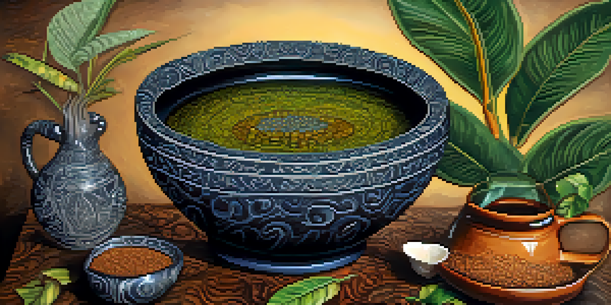 A close-up of a dark Ayahuasca brew in a handmade ceramic bowl, surrounded by leaves and flowers, showcasing its natural and artistic elements.
