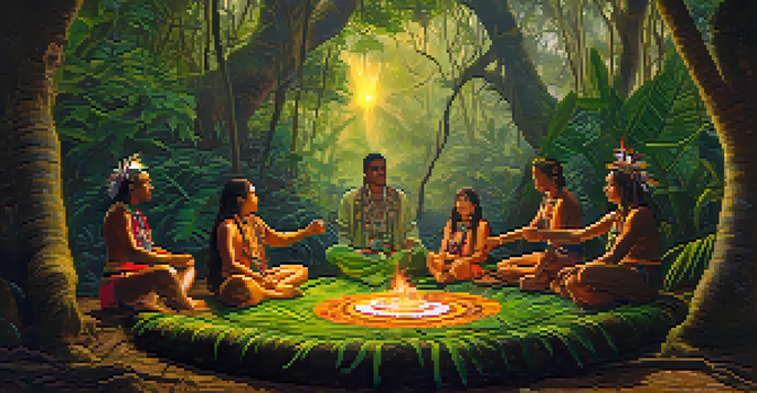 An indigenous shaman leads an ayahuasca ceremony in the Amazon rainforest, with participants sitting in a circle around a steaming cup of brew.