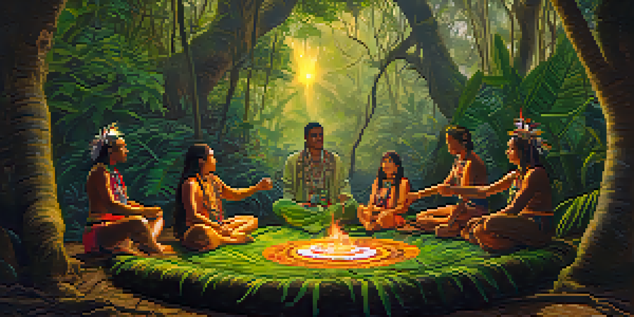 An indigenous shaman leads an ayahuasca ceremony in the Amazon rainforest, with participants sitting in a circle around a steaming cup of brew.
