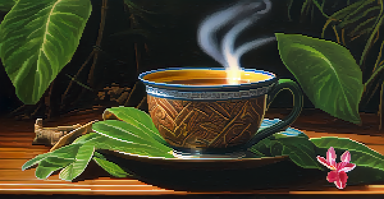 A close-up of an ayahuasca brew in a ceramic cup, with steam rising and surrounded by green leaves and flowers, creating a mystical atmosphere.