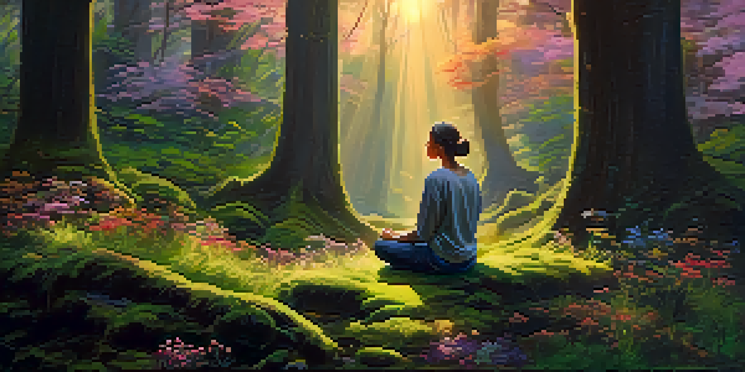 A person meditating in a forest at sunset, surrounded by trees and flowers, with soft golden light filtering through the leaves.