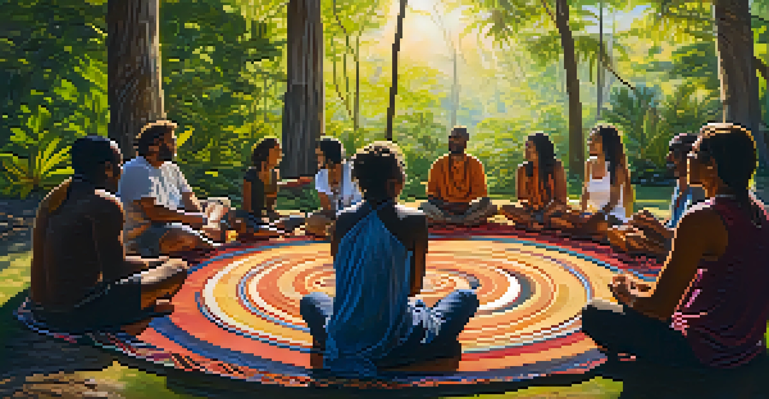 A diverse group of individuals in a circle outdoors, sharing experiences after a ceremony, with emotions visible in a supportive atmosphere.