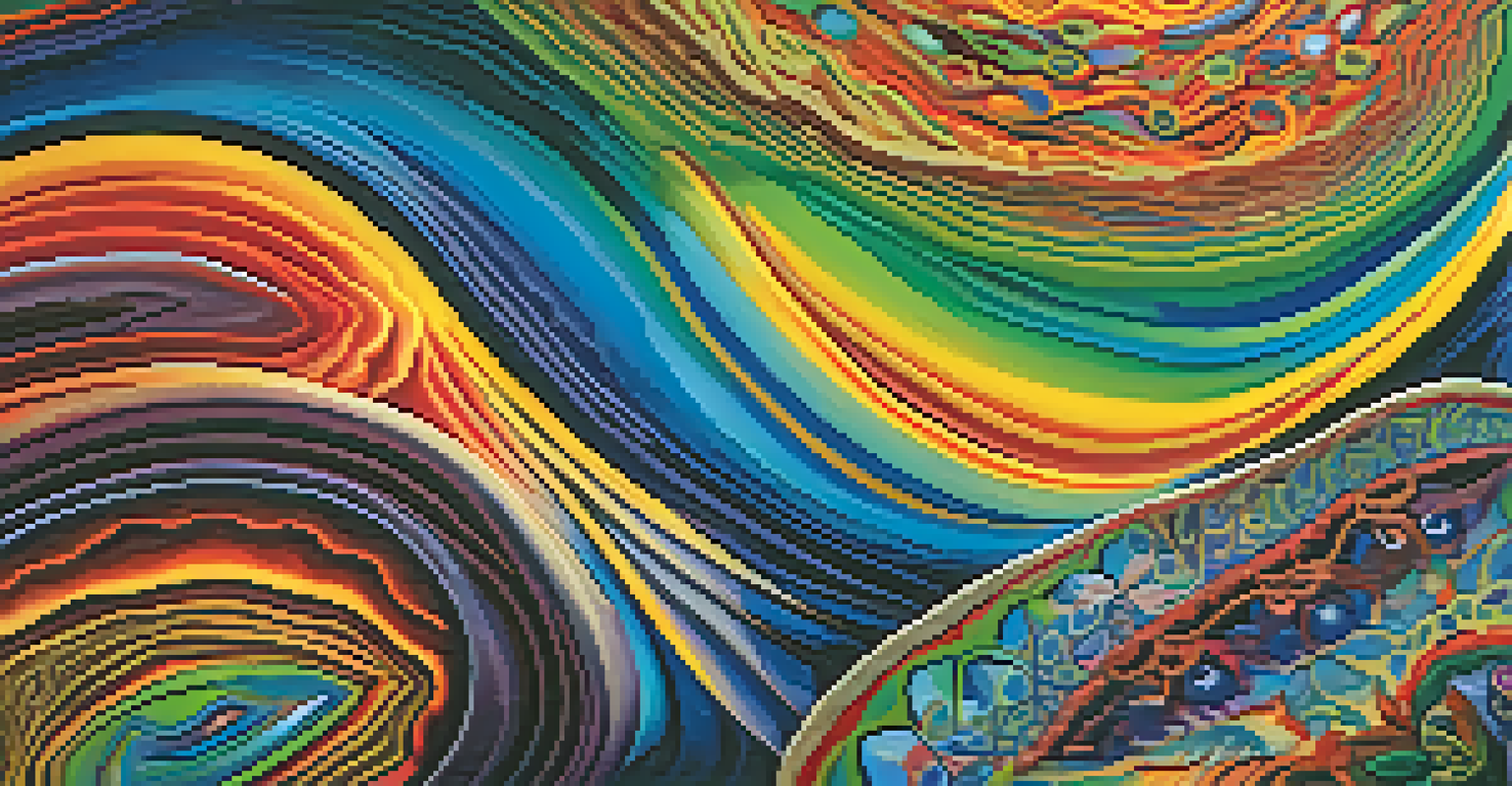 An abstract painting with vibrant colors and flowing forms, inspired by Ayahuasca experiences, showcasing themes of transformation and identity.