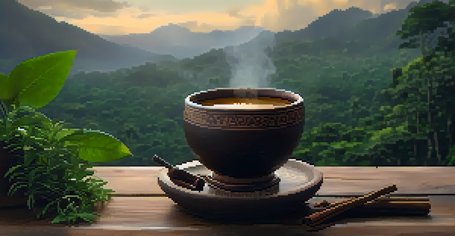A close-up of a traditional Ayahuasca brew in a ceramic cup on a rustic table, surrounded by herbs and leaves with a blurred rainforest background.
