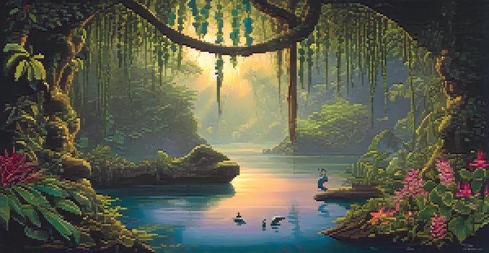 A tranquil Amazon rainforest at dusk with a flowing river, featuring a vine, a shaman's altar with flowers and candles.