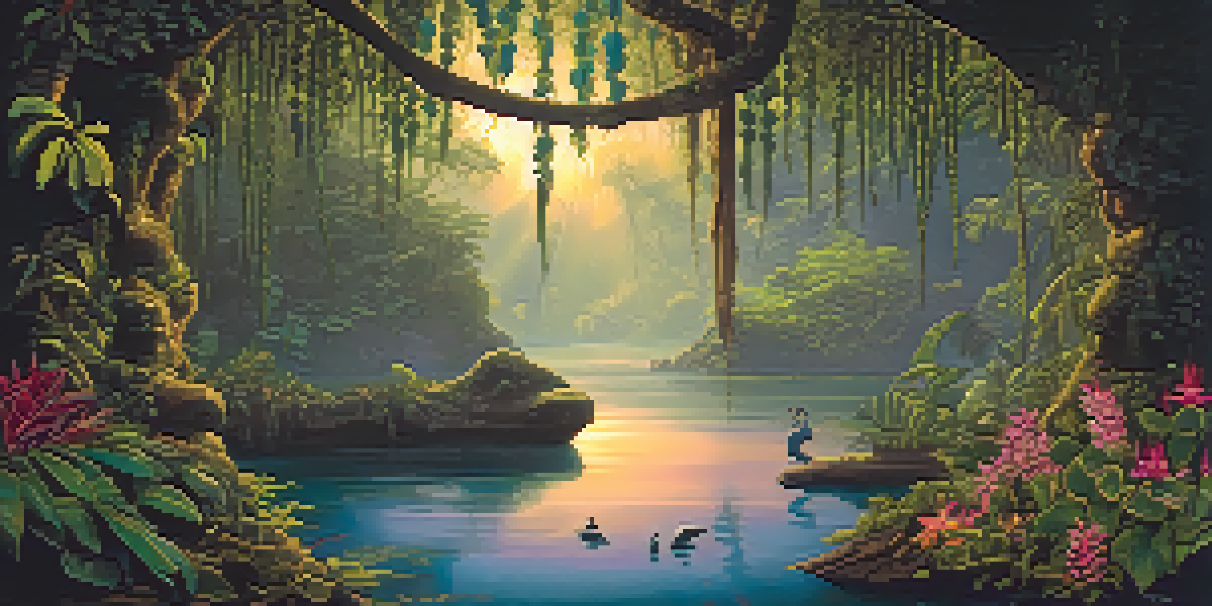 A tranquil Amazon rainforest at dusk with a flowing river, featuring a vine, a shaman's altar with flowers and candles.