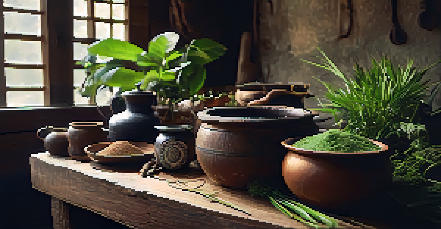 A close-up of Ayahuasca brew preparation, featuring a rustic table with plants and a handmade ceramic cup, illuminated by soft natural light.
