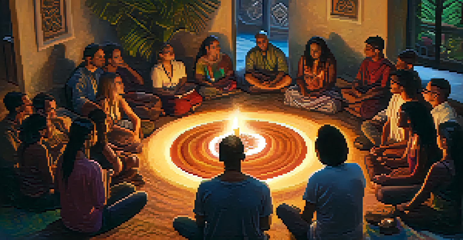 A supportive circle of people sharing experiences under soft candlelight, embodying connection and mindfulness.