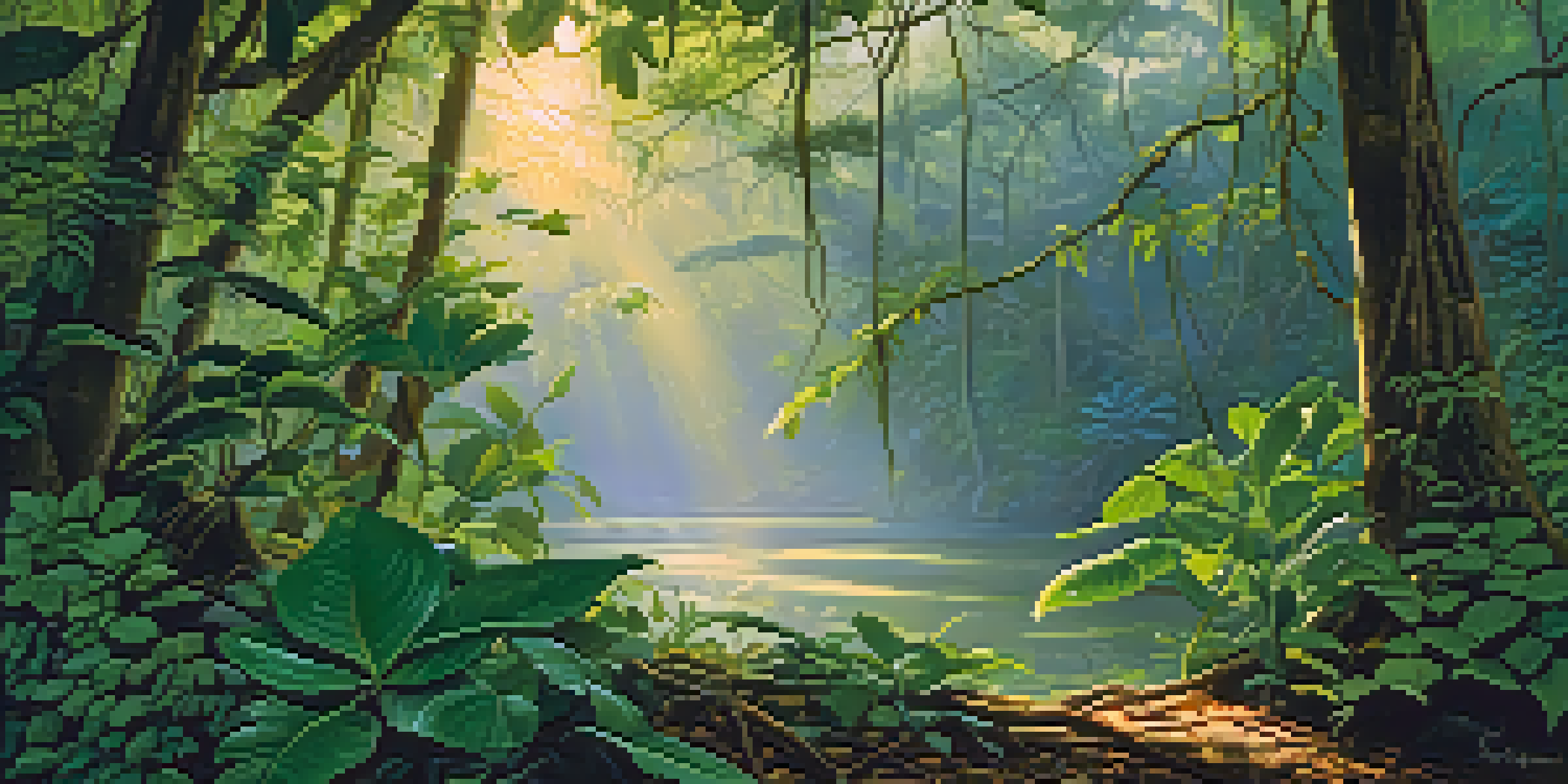 A tranquil Amazon rainforest with the sun rising, highlighting the Banisteriopsis caapi vine and Psychotria viridis plants, and a gentle river flowing.