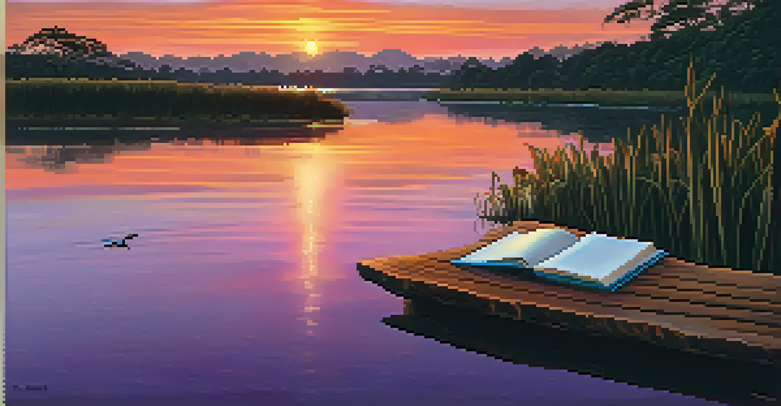 A sunset over the Amazon river with a journal and a pen on a table, symbolizing reflection after an Ayahuasca ceremony.