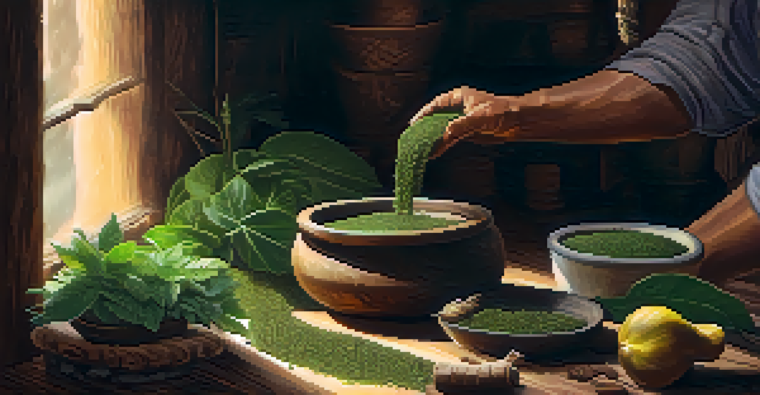 A close-up of hands preparing ayahuasca brew, featuring earthy plant ingredients in a rustic kitchen filled with herbs and traditional tools.
