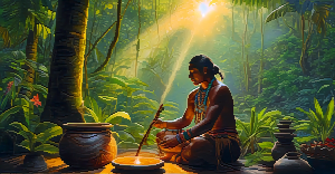 A serene scene of an indigenous shaman preparing Ayahuasca in the Amazon rainforest at dawn, surrounded by lush greenery and mist.