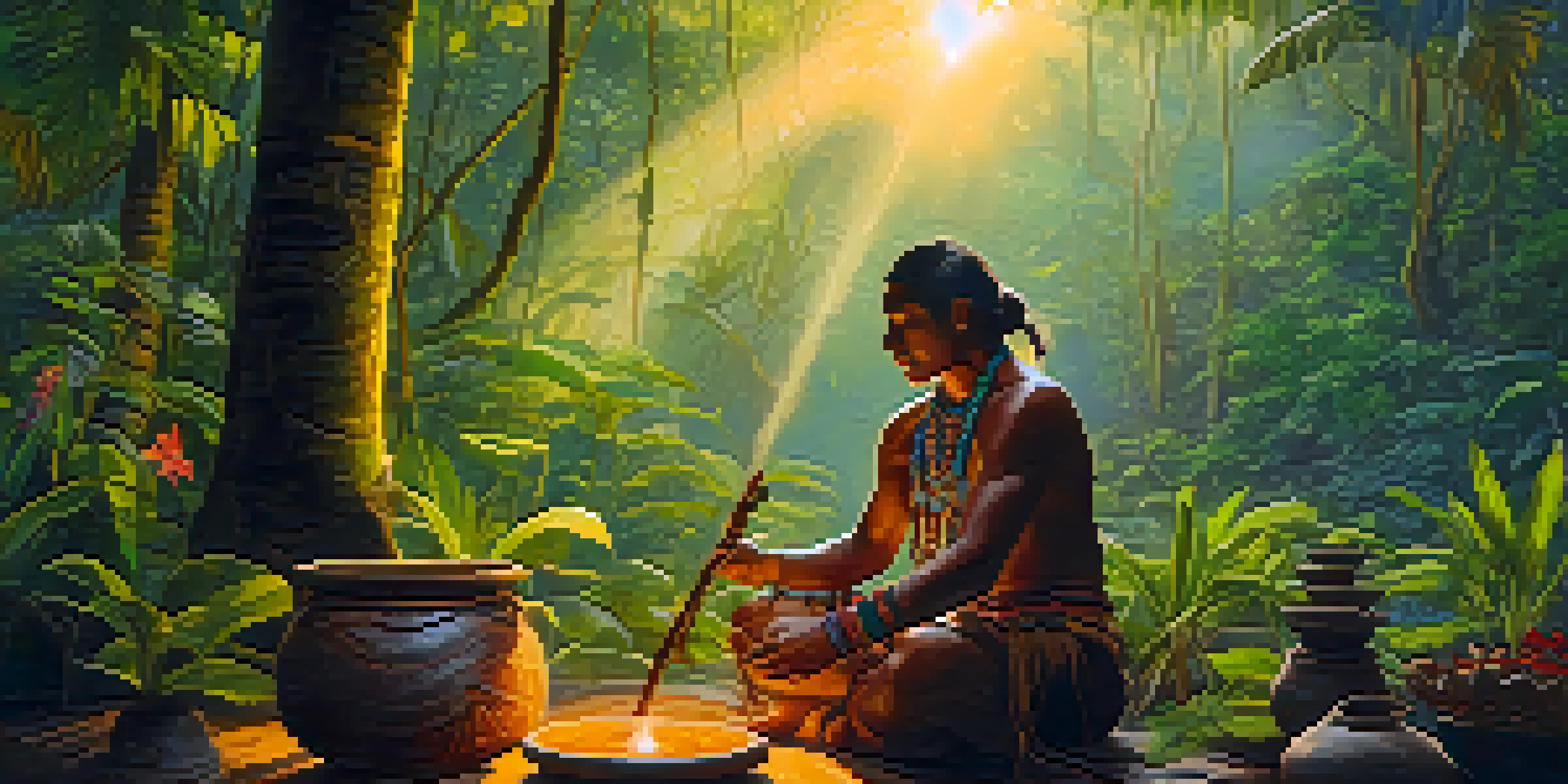 A serene scene of an indigenous shaman preparing Ayahuasca in the Amazon rainforest at dawn, surrounded by lush greenery and mist.