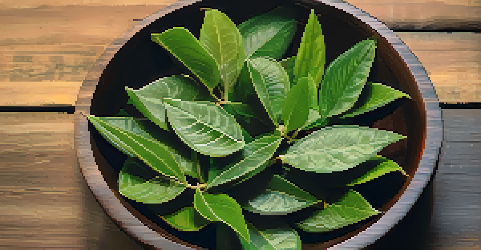 A close-up of Ayahuasca brew in a wooden bowl, surrounded by fresh leaves and soft candlelight.