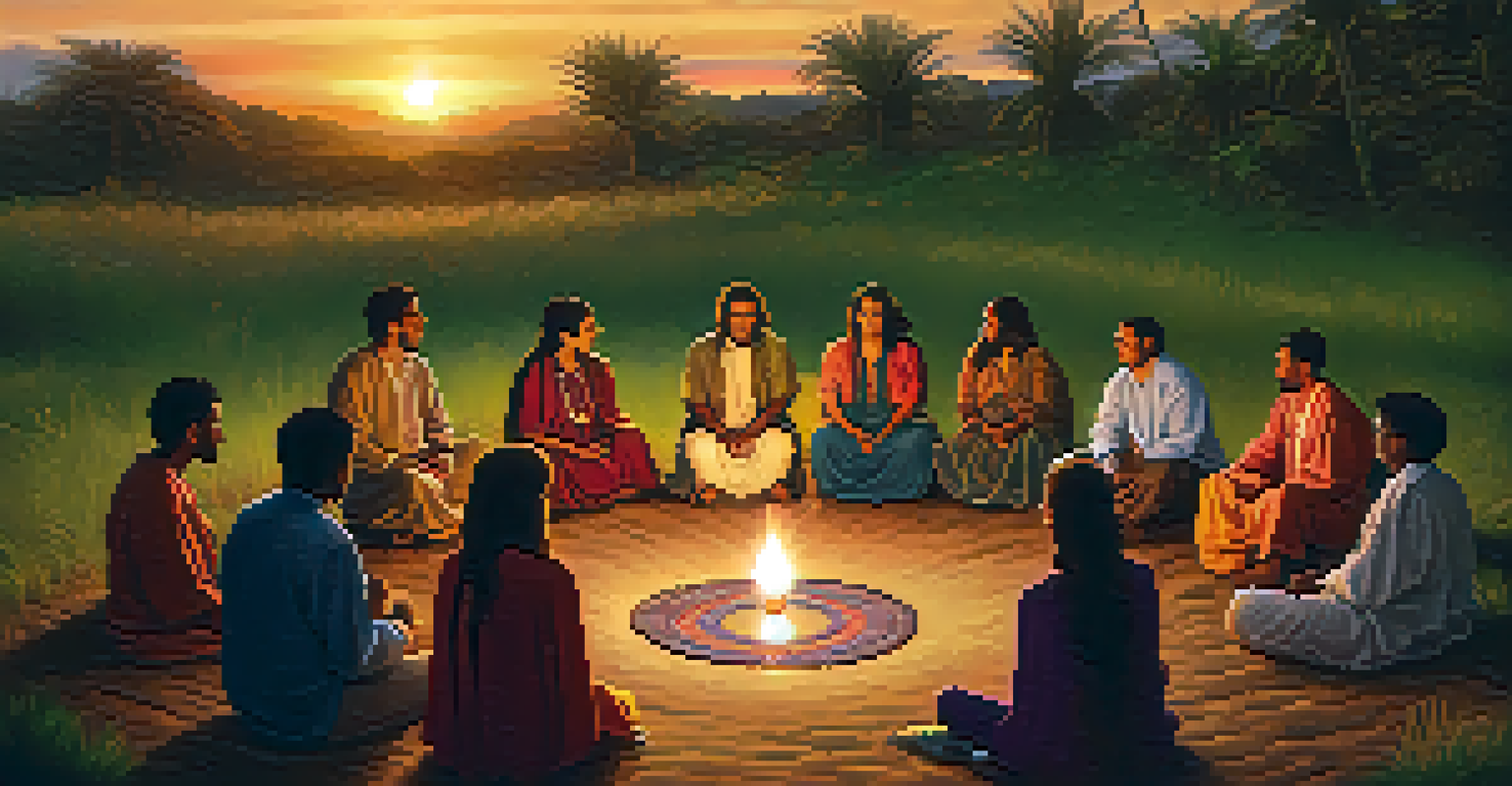 A group of diverse individuals sitting in a circle during an Ayahuasca ceremony at sunset, in a warm and inviting atmosphere.