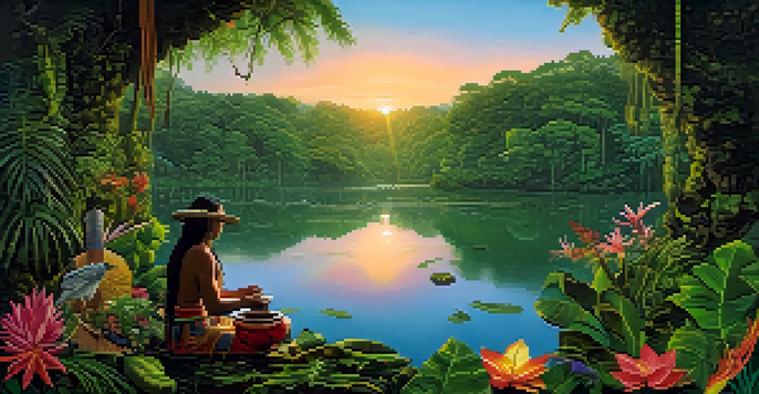 A peaceful Amazon rainforest at sunrise with a river and a shaman preparing an Ayahuasca brew.