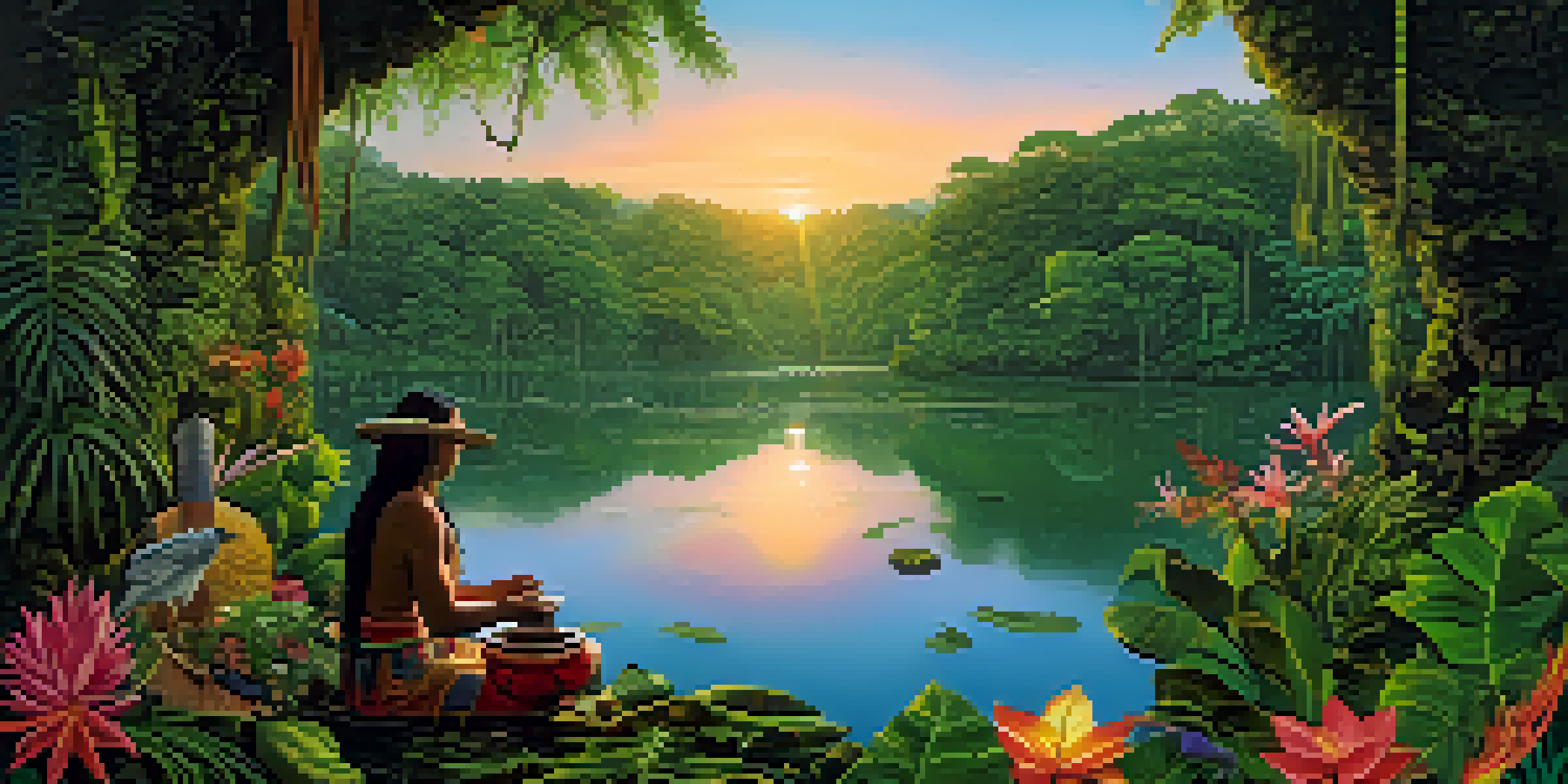 A peaceful Amazon rainforest at sunrise with a river and a shaman preparing an Ayahuasca brew.