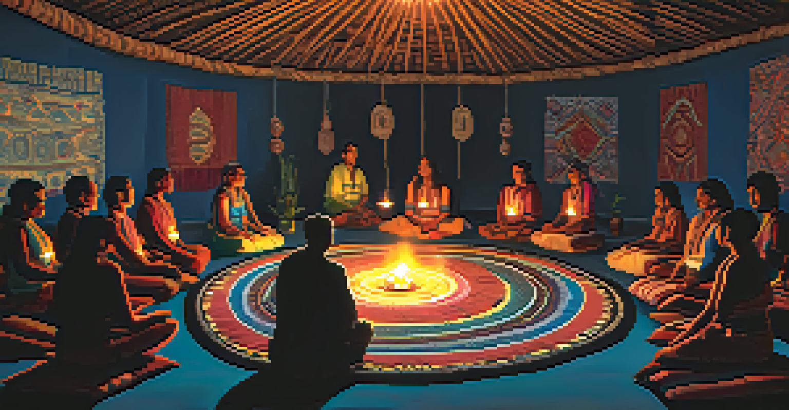 A dimly lit room for an Ayahuasca ceremony with participants seated in a circle and a shaman leading the ceremony.
