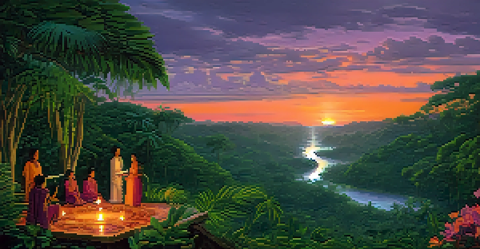 A peaceful gathering in an Amazon rainforest at dusk, with lush greenery and a sunset sky, featuring people around an Ayahuasca ceremony setup.