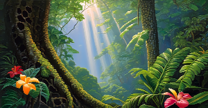 A tranquil jungle scene with the Banisteriopsis caapi vine, bright tropical flowers, and sunlight filtering through the trees.