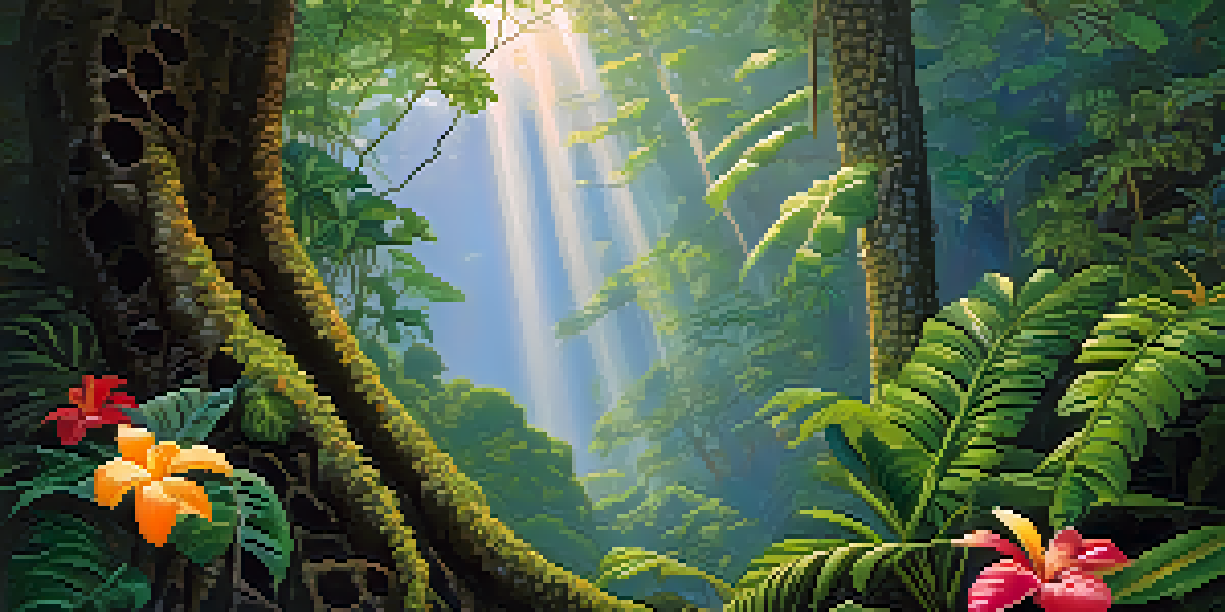 A tranquil jungle scene with the Banisteriopsis caapi vine, bright tropical flowers, and sunlight filtering through the trees.