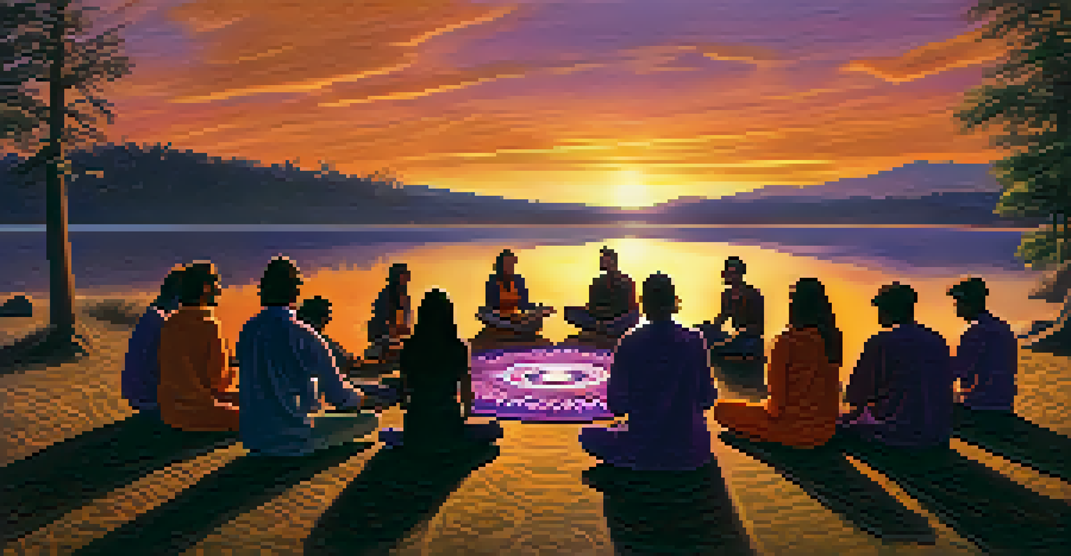 A group of retreat participants sharing reflections in a circle during sunset after an ayahuasca ceremony.