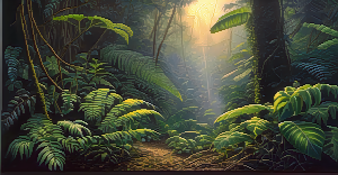 A peaceful Amazon rainforest at dusk with vines and leaves, soft light, and mist.