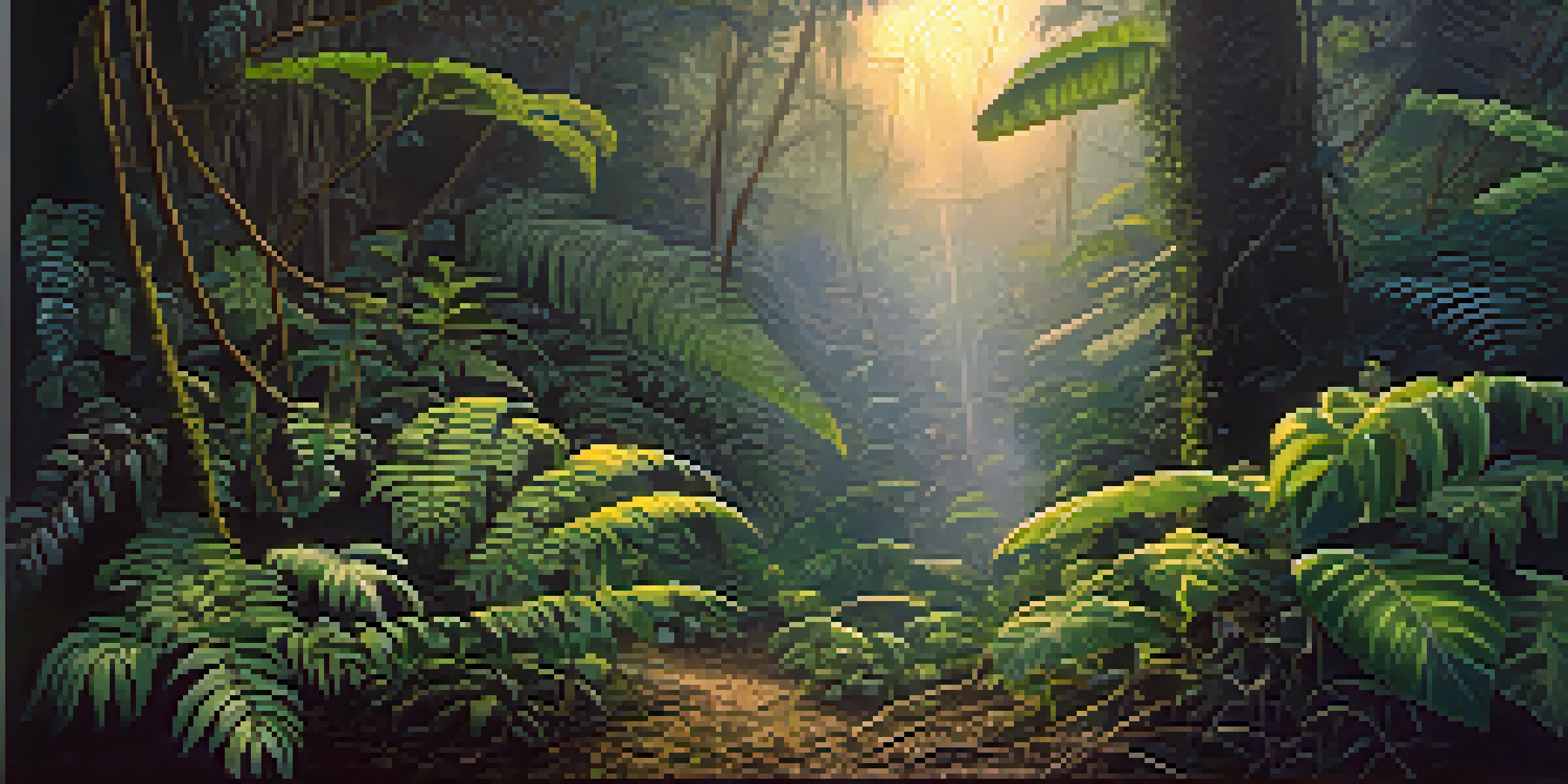 A peaceful Amazon rainforest at dusk with vines and leaves, soft light, and mist.