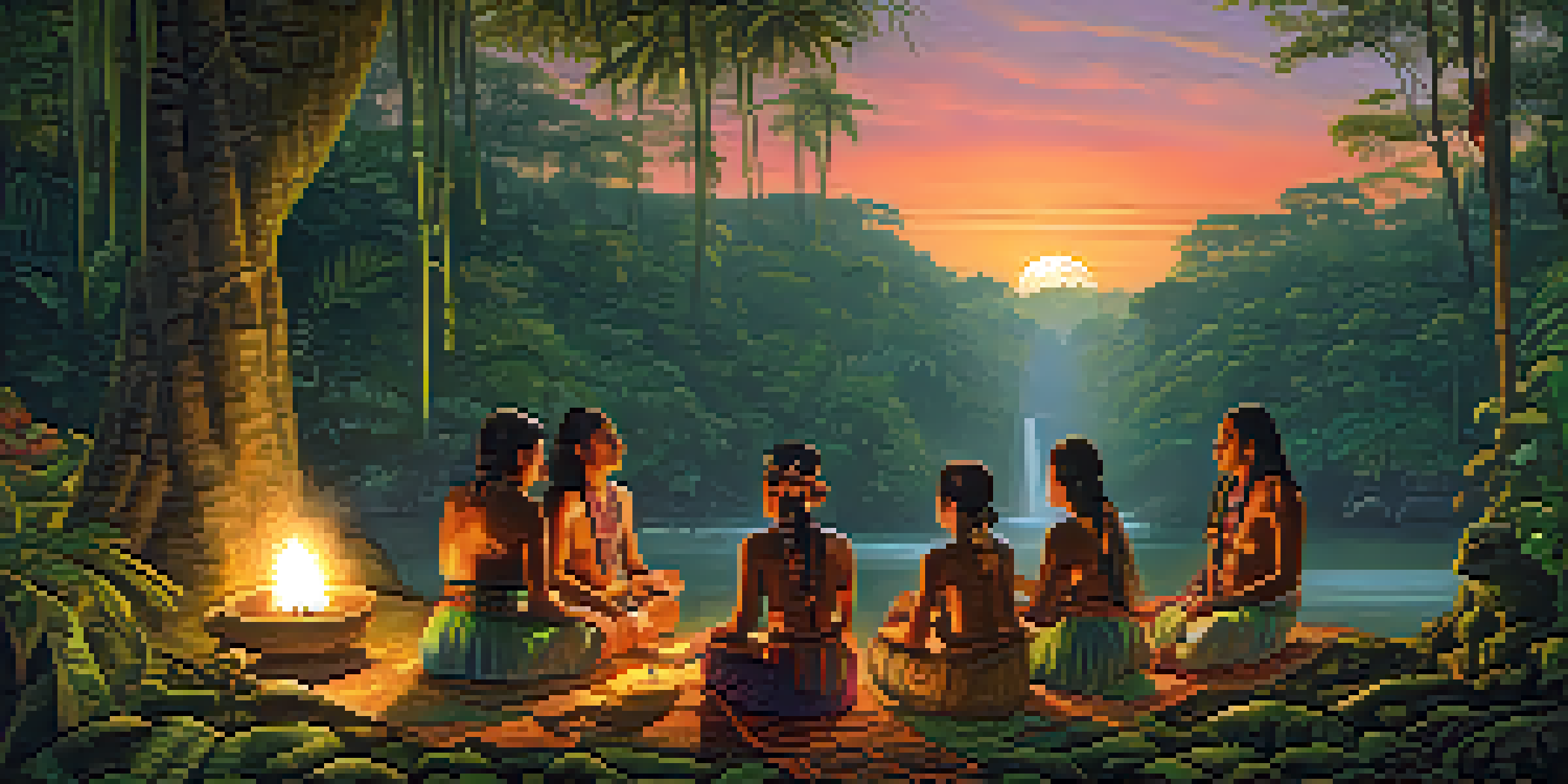 An Indigenous group participating in an ayahuasca ceremony in the Amazon rainforest, surrounded by lush greenery and warm lantern light.